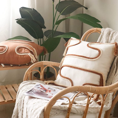 Jonhier Bohemian Throw Pillow Covers, Mid Century Simplicity Square Pillow Case with Fringes, Neutral Textured Cushion Cases, Boho Farmhouse D©cor for Living Room and Bedroom (18'' x 18'', White)