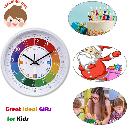 Telling Time Teaching Clock Silent Non Ticking Wall Clock-Learning Clock for School Classroom Playroom Bedroom (12 inch)