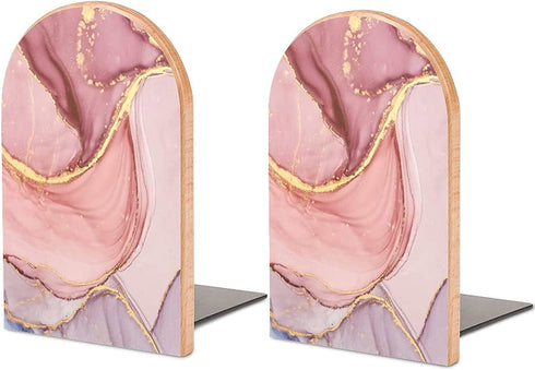 2 PCS Wood Book Ends,Pink Glitter Rose Gold Marble Bookends for Shelves Non-Skid Book Stand for Home Office School Sturdy Book Holders for Heavy Books 5x3 inch