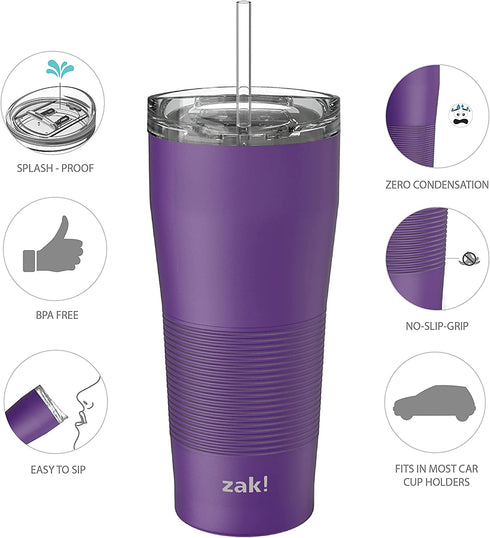 Zak Designs Lynden 28 oz Vacuum Insulated 18/8 Stainless Steel Travel Tumbler with Splash-Proof Lid, Includes Reusable Plastic Straw and Fits in Car Cup Holders, Viola