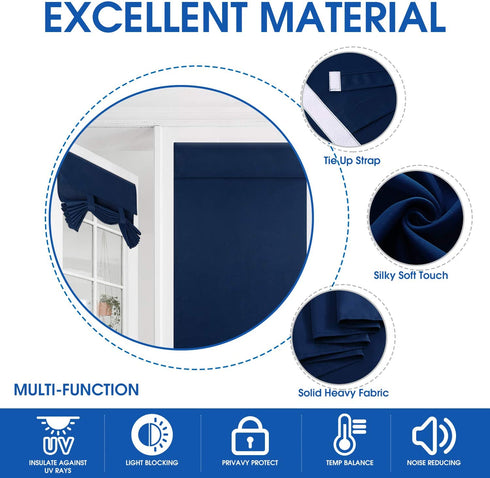 HOMEIDEAS Navy French Door Curtains Blue Privacy Blackout Door Curtains, 26 X 40 Inch Room Darkening Curtains for Glass Door, Thermal Insulated Tie Up Shades Window Curtains for Bedroom, 1 Panel