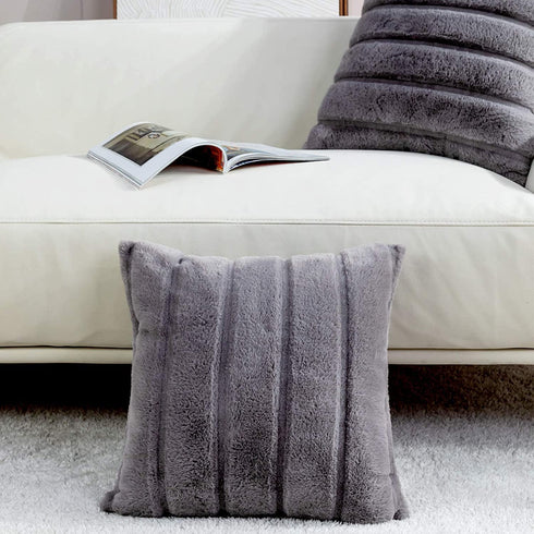 Cozy Bliss Set of 2 Faux Fur Fleece Throw Pillow Covers Luxury Super Soft Plush, Striped Cushion Cover Textured Decorative Pillowcases for Sofa Couch Bed Chair Car (Grey, 20"x20")