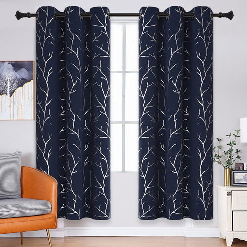 BUHUA Thermal Insulated Curtains Blackout Grommet Thermal Insulated Shinny Tree Branches Print Curtain for Bedroom,Navy Blue,38W x 72L, Set of 2 Panels