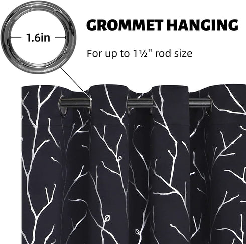 BUHUA Thermal Insulated Curtains Blackout Grommet Thermal Insulated Shinny Tree Branches Print Curtain for Bedroom,Navy Blue,38W x 72L, Set of 2 Panels