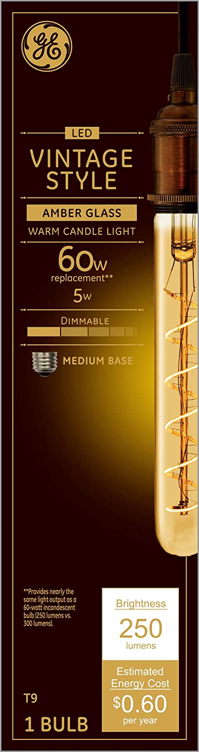 GE Lighting 36513 Amber Glass Bulb LED Vintage Style Dimmable T9 Tube 5 (60-Watt Replacement), 250-Lumen Medium Base, Warm Candle Light