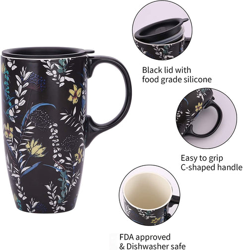 TZSSP Coffee Ceramic Mug Porcelain Latte Tea Cup With Lid 17oz. Black
