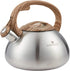 Teapot Whistling Tea Kettle with Wood Pattern Handle Loud Whistle,Food Grade Stainless Steel Tea Pot for Stovetops Water Kettle(Silver-RW)