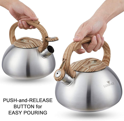 Teapot Whistling Tea Kettle with Wood Pattern Handle Loud Whistle,Food Grade Stainless Steel Tea Pot for Stovetops Water Kettle(Silver-RW)