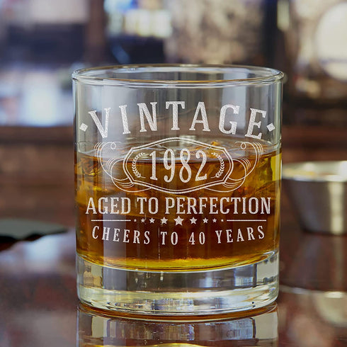 Vintage 1982 Etched 11oz Whiskey Rocks Glass -40th Birthday Aged to Perfection - 40 years old gifts Bourbon Scotch Lowball Old Fashioned