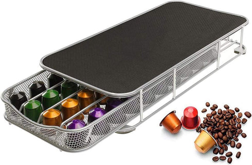 Coffee Pods Holder Storage Drawer for Nespresso Capsules, 40 Coffee Capsule Organizer Stand, Metal Storage Coffee Machine Base
