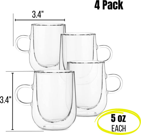 BTaT- Double Wall Glass Barrel Shape, 4 Pack, 5 oz (150 ml), Espresso Cups, Clear Espresso Cups, Glass Coffee Mugs, Clear Coffee Mug, Double Wall Glass Coffee Mugs, Latte Cup, Cappuccino Cup