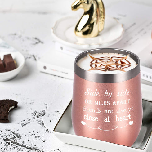 Friends Wine Tumbler Set of 2, Side By Side or Miles Apart Friends Are Always Close at Heart Wine Tumbler for Good Friends Long Distance Friends Women, 12 Oz Stainless Steel Insulated Wine Tumbler