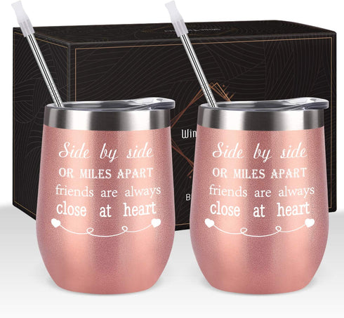 Friends Wine Tumbler Set of 2, Side By Side or Miles Apart Friends Are Always Close at Heart Wine Tumbler for Good Friends Long Distance Friends Women, 12 Oz Stainless Steel Insulated Wine Tumbler
