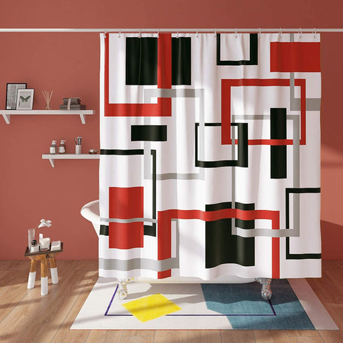 DESIHOM Red Geometric Shower Curtain with 12 Rust-Resistant Metal Glide Shower Hooks, Black/Red Modern Shower Curtain Polyester Fabric-72" x 72"