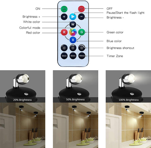 LEASTYLE Wireless Spotlight Battery Operated Spot Light Up Lights Indoor Mini Accent Lights Dimmable Art Lights LED Spotlights with Remote Stick on Anywhere Rotatable Wall Light ( RGB 2 Pack )