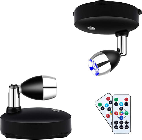 LEASTYLE Wireless Spotlight Battery Operated Spot Light Up Lights Indoor Mini Accent Lights Dimmable Art Lights LED Spotlights with Remote Stick on Anywhere Rotatable Wall Light ( RGB 2 Pack )