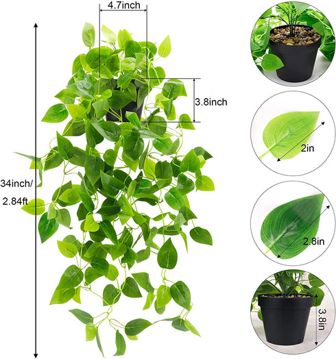 WXBOOM 1 Pack Artificial Hanging Plant 2.84Ft Fake Potted Plant Fake Ivy Vine for Home Shelf Indoor Outdoor Garden Decor (with Black Plastic Pot)