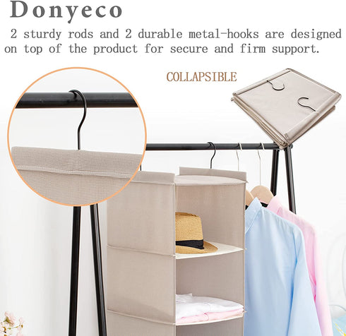 DonYeco 4-Shelf Hanging Linen Closet Organizers and Storage, Collapsible Closet Storage Organizer, for RV Wardrobe Camp, Hanging Organizer for Shoes Toys Baby Clothes