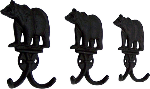 Rustic Black Bear Cast Iron Double Wall Hooks, Set of 3, 5.25 Inches