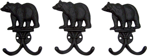 Rustic Black Bear Cast Iron Double Wall Hooks, Set of 3, 5.25 Inches