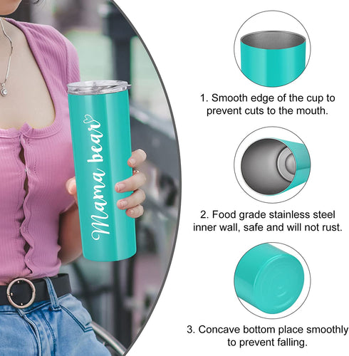 Mom Gifts - Mama Bear Skinny Travel Tumbler, Double Wall Insulated Tumbler with Lid and Straw for Mom, New Mom, Mom to be, Wife - Great Gift Idea for Mother's Day Birthday Christmas (Aqua Blue)