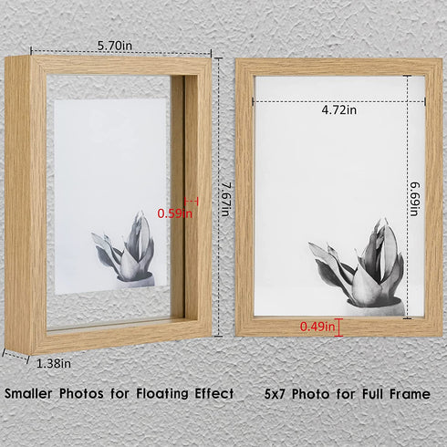 MUYE 5x7 Floating Frame Set of 2,Double Glass Rustic Photo Frame for Wall Hanging or Tabletop Standing,Also Display 4x6 or 3x5 Photo for Floating Effect,Natural Wood