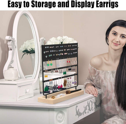 Earrings Organizer Jewelry Display Stand, 144 Holes Earring Holder Rack with Wooden Tray for Earrings Necklaces Bracelets and Rings Large Storage Earring Jewelry Display Tree as Women Girls Gift
