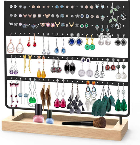 Earrings Organizer Jewelry Display Stand, 144 Holes Earring Holder Rack with Wooden Tray for Earrings Necklaces Bracelets and Rings Large Storage Earring Jewelry Display Tree as Women Girls Gift