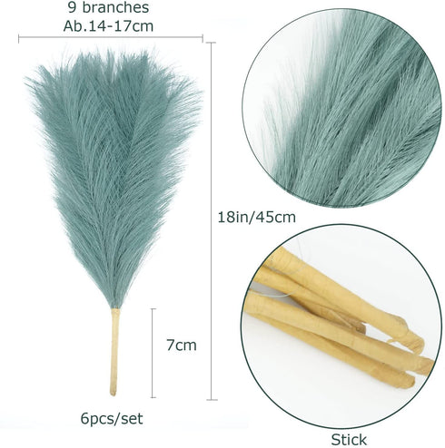 6PCS Artificial Pampas Grass Faux Short Fluffy Pampas Grass Plants Stems Branches for Wedding Home Living Room Decor Flower Arrangement and Vase Fillings(Peacock Green)