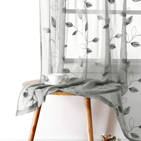 HOMEIDEAS Light Grey/Gray Sheer Curtains 52 X 96 Inches Long 2 Panels Embroidered Leaf Pattern Pocket Faux Linen Floral Semi Sheer Voile Window Curtains/Drapes for Bedroom Living Room
