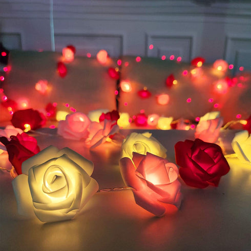 TURNMEON 10Ft 30Led Rose Light Valentines Day Decoration Flower String Lights Red Pink White Rose Battery Power Artificial Flowers Garland Lights Indoor Outdoor Decor Valentines Home Party(Warm White)