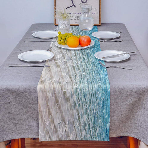 Blue Yellow Cotton Linen Table Runner Dresser Scarf Tropical Sandy Beach Clear Sea Water Non-Slip Burlap Rectangle Table Setting Decor for Wedding Party Holiday Dining Home, 13x70 Inches Long