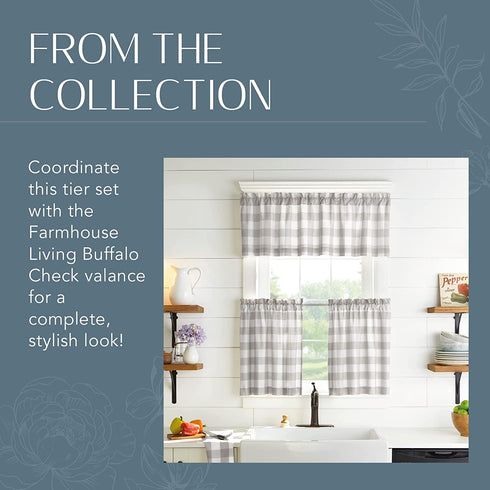 Elrene Home Fashions Farmhouse Living Buffalo-Check Tier Curtain Set for Bathroom or Kitchen Curtains, 30" x 36"(Set of 2 Tiers), Gray/White