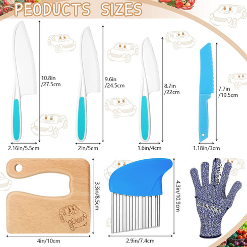 7 Pieces Wooden Kids Kitchen Knife Include Wood Kids Knife Plastic Potato Slicers Cooking Knives Serrated Edges Toddler Knife Kids Plastic Knife Resistant Gloves for Kitchen Children(Car)