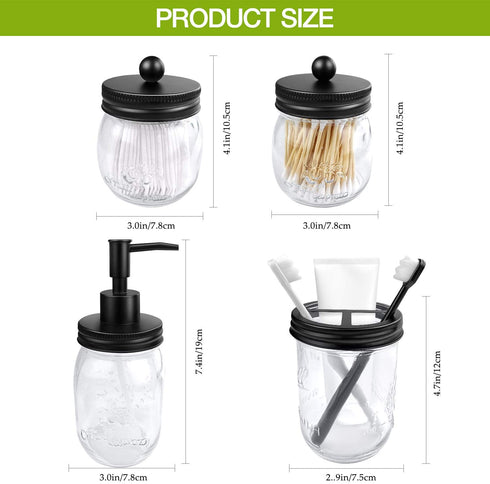4pcs Rustic Mason Jar Bathroom Accessories Set- Liquid Soap Pump Dispenser and 2 Small Apothecary Storage Glass Jars&Toothbrush Stand Holder for Bathroom, Farmhouse Home Decor, Kitchen Sink (Black)