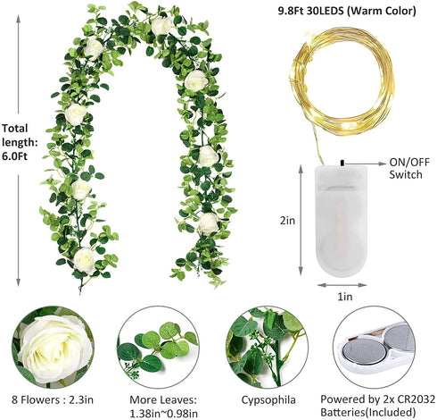 Artificial Eucalyptus Garland, Seasky Greenery Garland Vines with Lights Garland Eucalyptus Leaves with 8 Roses for Garden Home Office Party Decor Indoor, Wedding Arch Decor Outdoor