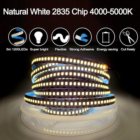 Tesfish 12V LED Strip Lights, 240 LEDs / M, Total 1200 LEDs Natural White 4000K 16.4 ft LED Light Strip 2835 IP20 LED Tape Lights Super Bright for Bedroom, Shelf Kitchen Decoration
