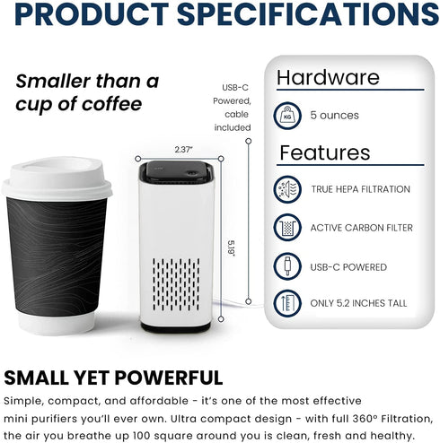 KIKI PURE A1 Mini HEPA USB-C Powered Air Purifier. Ultra Portable (5.2in tall, 6.7 ounces), Ultra Quiet. Perfect for Travel, In-Car and Desktop (White)