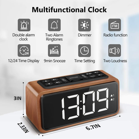 Radio Alarm Clock, Large LED Display Wood Digital FM Alarm Clock, Adjustable Brightness Dimmer and Snooze, Simple LED Clock with Dual Alarm, 12/24 Hour, Powered by AC Adapter (White LED)