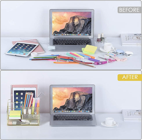 Upgraded Desk Organizer for Women, Cute Mesh Office Supplies Accessories Essentials Caddy with Drawer for Home & Office Desktop Organization & Decor, Gold