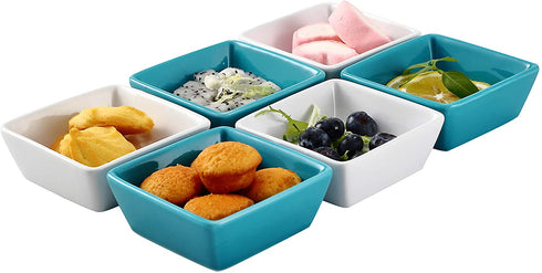 Bruntmor Porcelain Square Baking Ramekins for Souffle, Creme Brulee, Jams, Dipping Sauces, French Onion Soup Oven Safe, Appetizer Sauce Dipping Bowls, (4 Oz, Set of 6), White, Teal