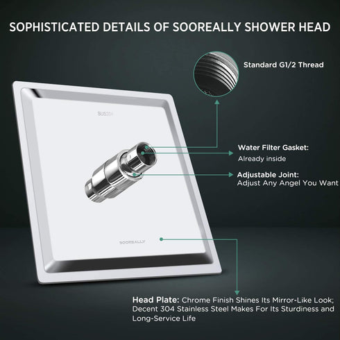 Sooreally Rain Shower Head High Pressure, 10 Inch Stainless Steel Square Rainfall Showerhead, Mirror-like, Easy Install, Swivel Spray Angle, Luxury Shower Experience, Chrome Finish