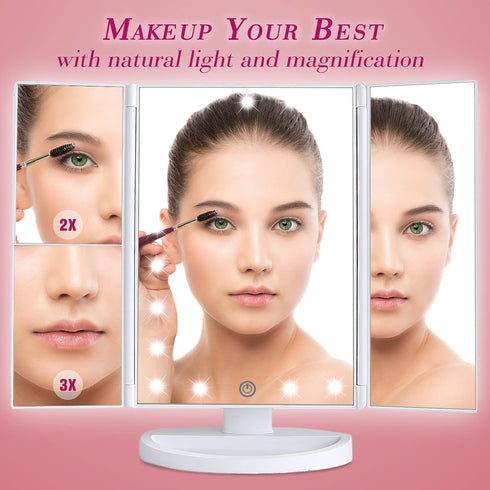 SHNAP Makeup Mirror with Lights, Touch Screen Vanity Mirror, 2X/3X Magnification, Dimmable 21Leds Trifold Mirror, Dual Power Supply, 180° Rotation, Portable Cosmetic Light Up Mirror with Gift Box