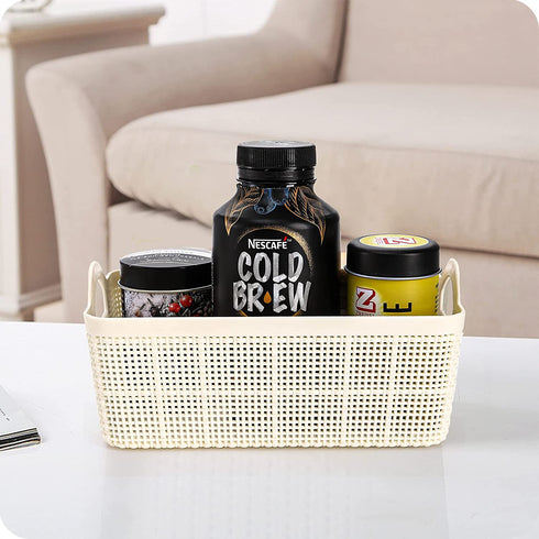 ZOOFOX 8 Pack Small Plastic Storage Basket, 7" L x 5" W x 3" H Weave Organizer Bins With Handle, Stackable Storage Bins for Drawers, Shelves, Closet, Countertop and Office