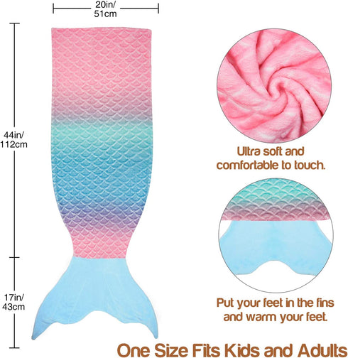 Catalonia Kids Mermaid Tail Blanket, Super Soft Plush Flannel Sleeping Snuggle Blanket for Teen Girls, Rainbow Ombre, Fish Scale Pattern, Gift Idea