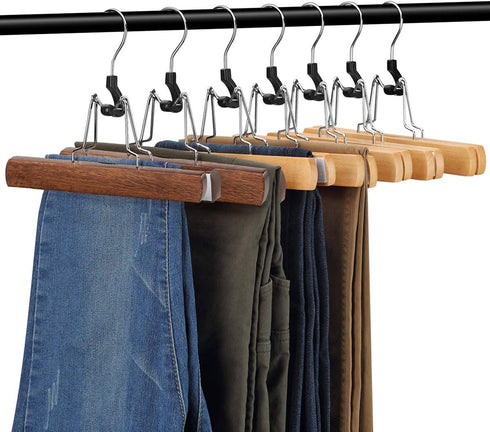 AMKUFO 12 Pack Wooden Pants Hangers with Clips Non Slip Skirt Hangers Walnut Trouser Clamp Hanger Solid Wood Hanger with 360° Swivel Hook