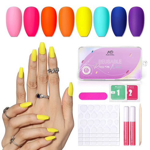 Press On Nails Neon Colors - 192 Pcs Short Coffin Acrylic Solid Fake Nails Glue On False Nails Kit for Women, 8 Solid Colors, Include Prep Pad, Tube Glue, Mini File, Cuticle Sticker and Adhesive Sticker