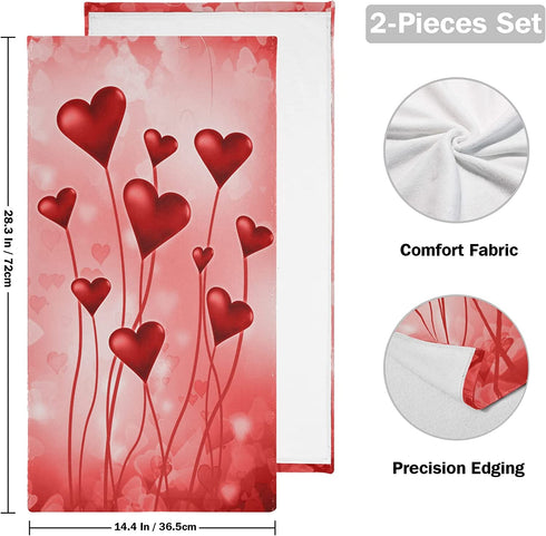 Happy Valentines Red Herats Towels Set of 2 Hand Towel Absorbent Face Towel Soft Dish Towels for Gym Bath Kitchen Decor 28x14 Inches