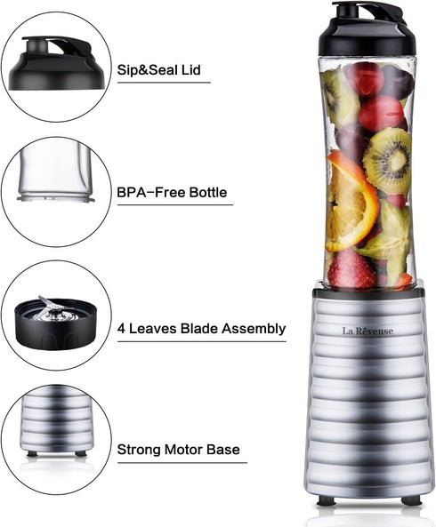 La Reveuse Smoothies Blender 300 Watt with 18 oz BPA Free Portable Travel Sports Bottle (Silver)