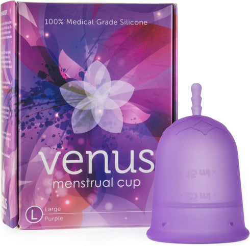 Venus Large Menstrual Cup – High Capacity for Heavy Flow – Made in USA – 100% Medical Grade Silicone Reusable Period Cup – for High Cervix - Unique Design to Ease Your Period Cycle | Purple